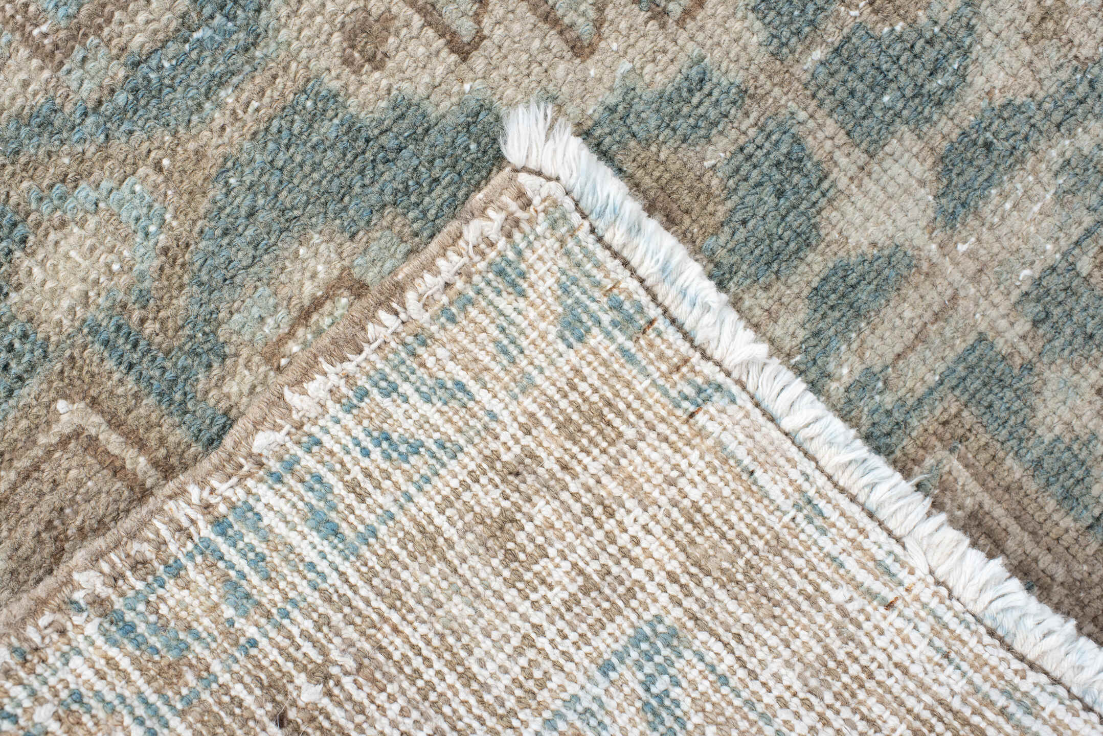 3' x 10' one-of-a-kind handmade vintage Heriz runner rug. Color palette: taupe, ivory, pale blue, beige, camel, sage, gray