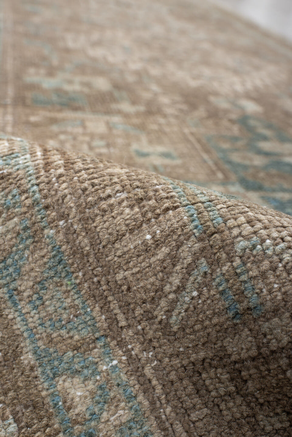 3' x 10' one-of-a-kind handmade vintage Heriz runner rug. Color palette: taupe, ivory, pale blue, beige, camel, sage, gray