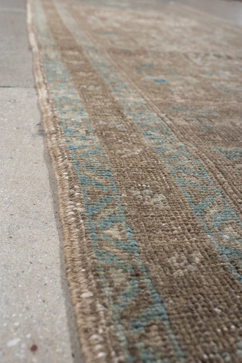 3' x 10' one-of-a-kind handmade vintage Heriz runner rug. Color palette: taupe, ivory, pale blue, beige, camel, sage, gray