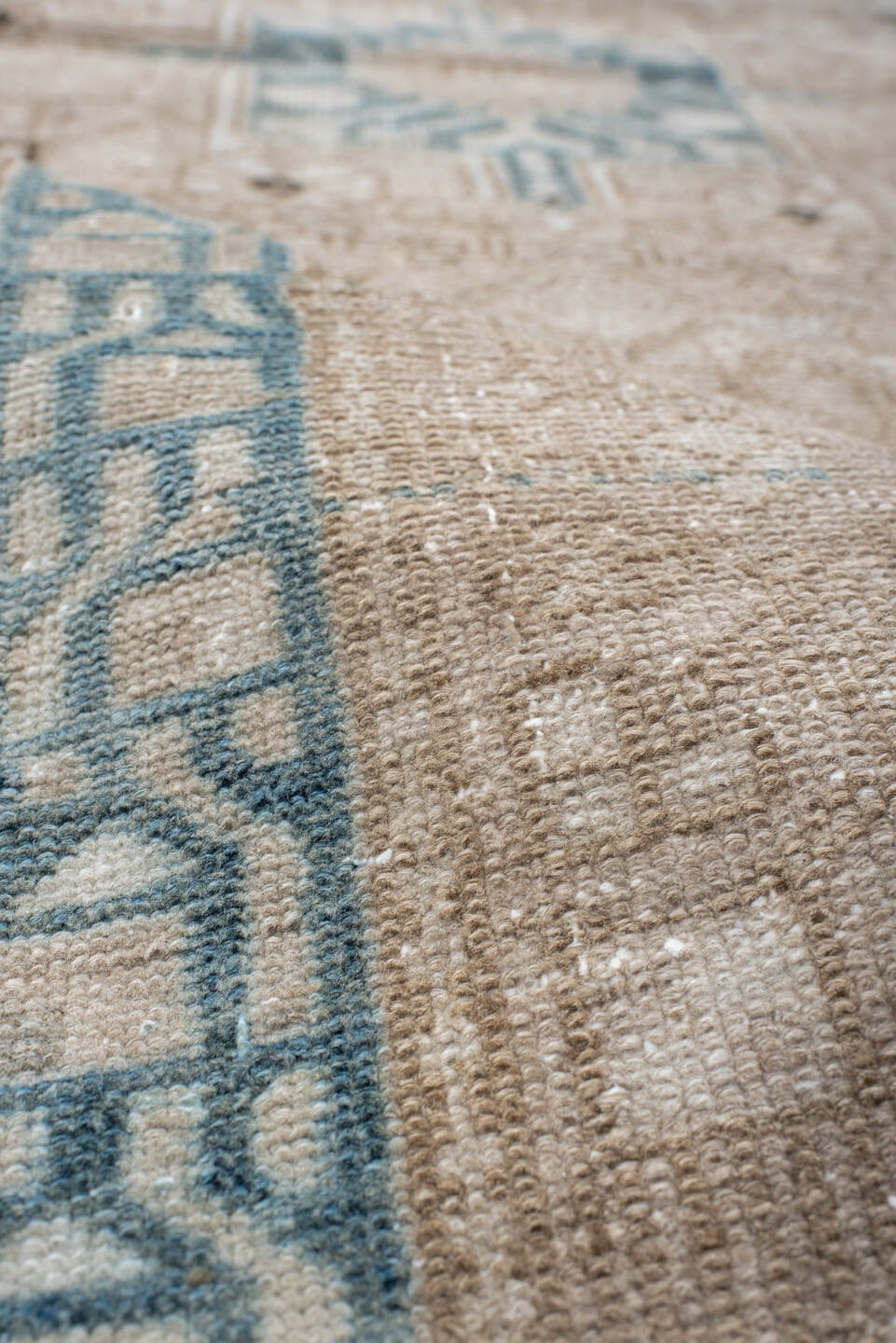 2' x 9' one-of-a-kind handmade antique Karaje runner rug. Color palette: taupe, ivory, sky blue, charcoal, beige, gray