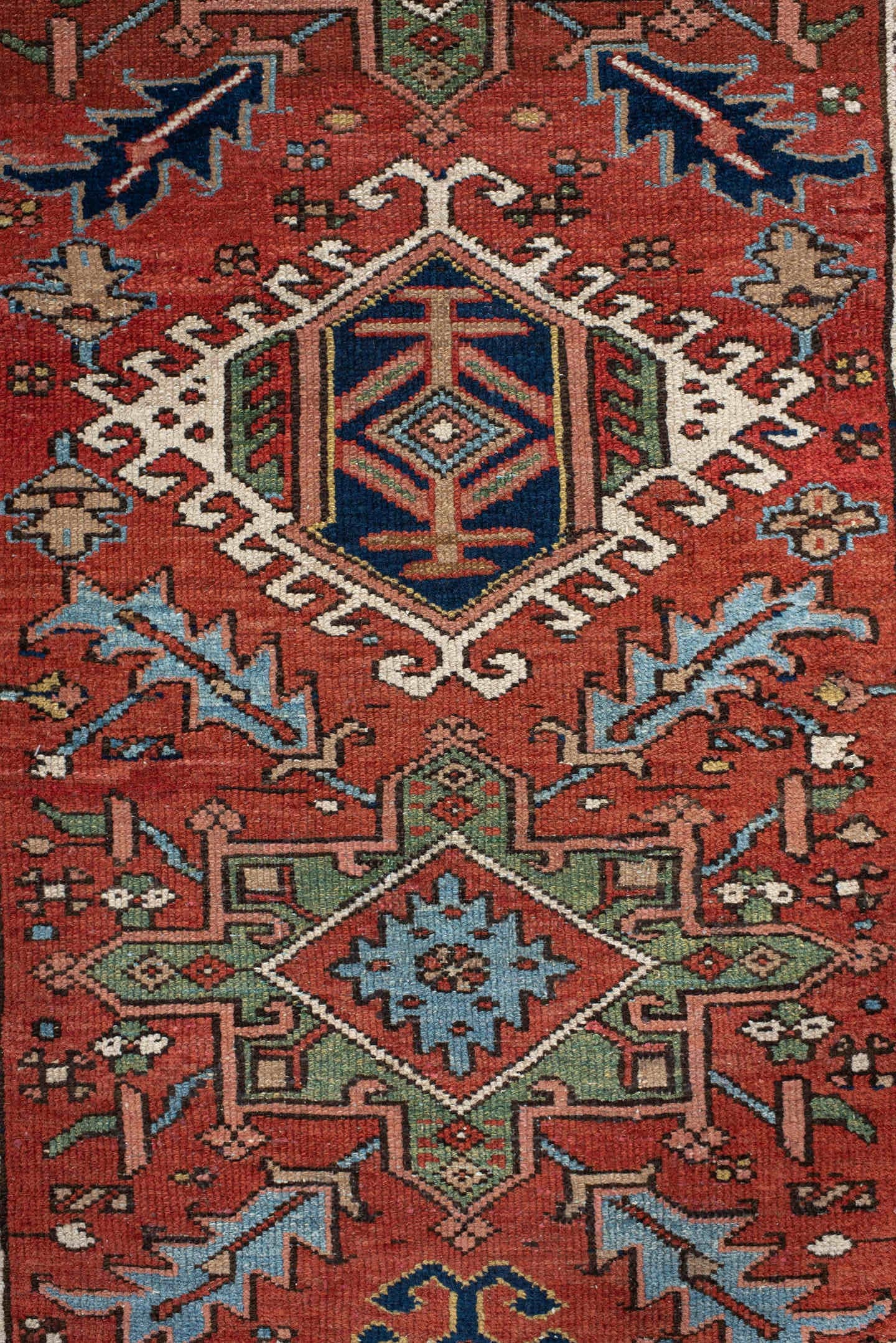 3' x 12' one-of-a-kind handmade antique Karaje runner rug. Color palette: rust, navy, ivory, sky_blue, sage, camel