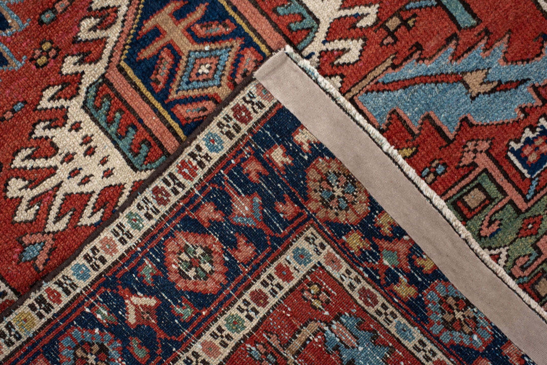 3' x 12' one-of-a-kind handmade antique Karaje runner rug. Color palette: rust, navy, ivory, sky_blue, sage, camel