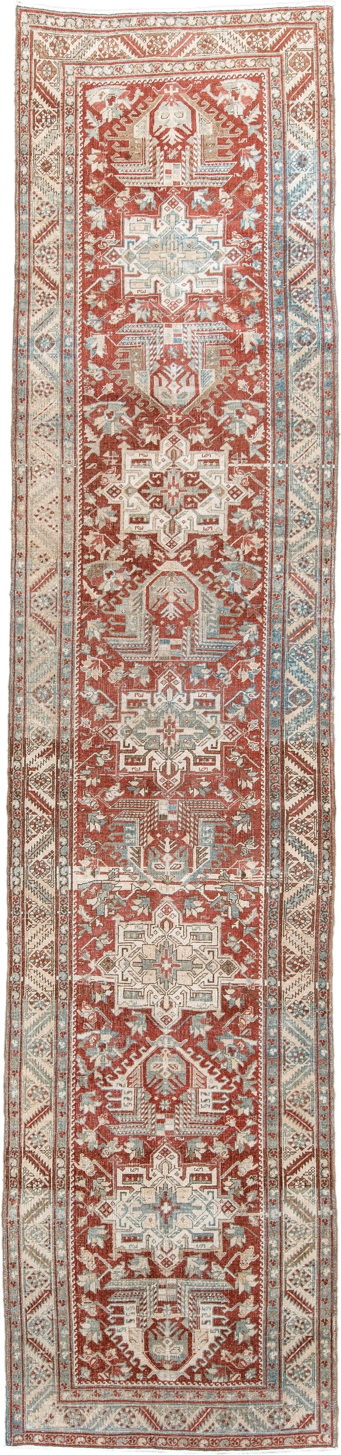 0' x 0' one-of-a-kind handmade vintage Heriz small size rug. Color palette: rust, ivory, pale blue, brick, cream, taupe