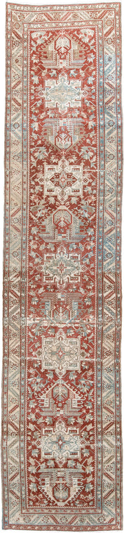 0' x 0' one-of-a-kind handmade vintage Heriz small size rug. Color palette: rust, ivory, pale blue, brick, cream, taupe