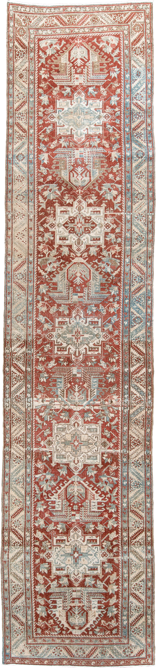 0' x 0' one-of-a-kind handmade vintage Heriz small size rug. Color palette: rust, ivory, pale blue, brick, cream, taupe