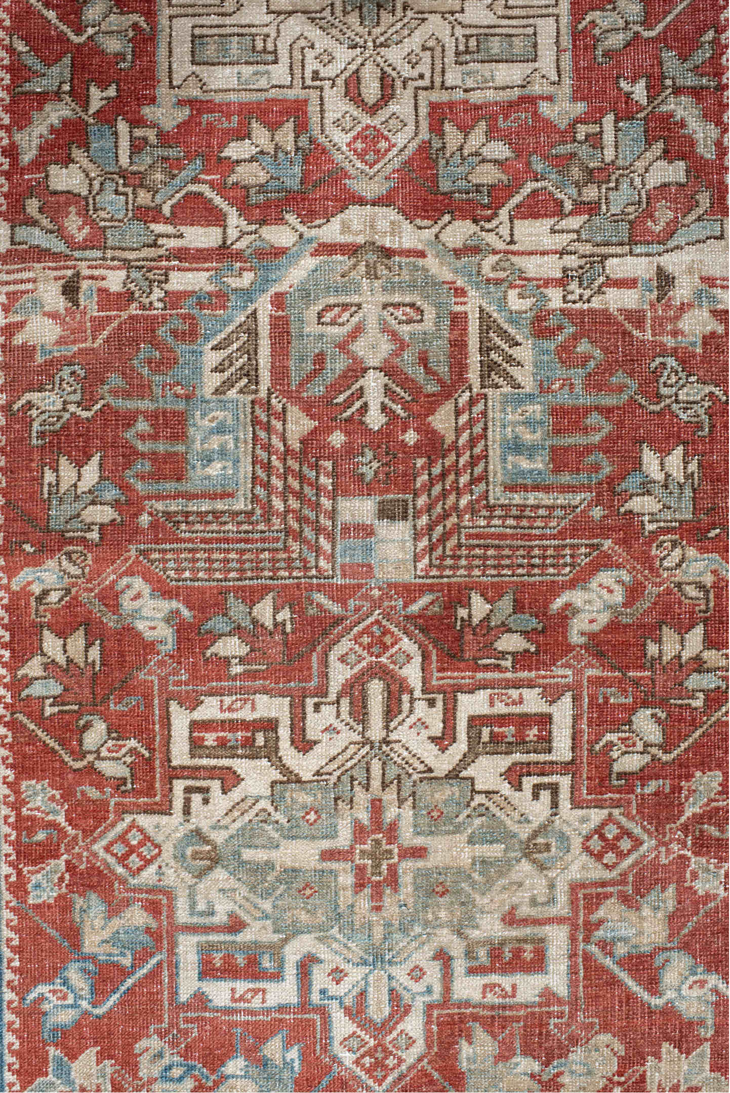 0' x 0' one-of-a-kind handmade vintage Heriz small size rug. Color palette: rust, ivory, pale blue, brick, cream, taupe