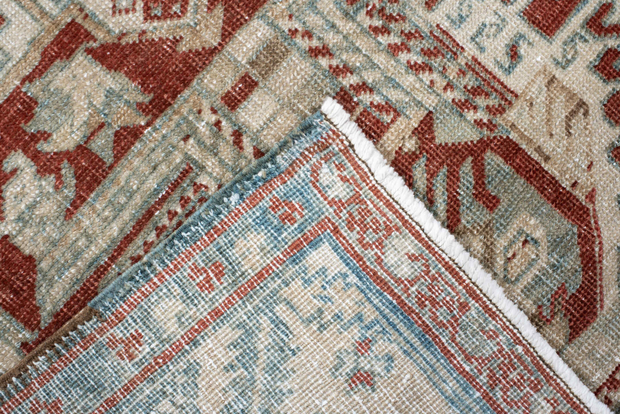 0' x 0' one-of-a-kind handmade vintage Heriz small size rug. Color palette: rust, ivory, pale blue, brick, cream, taupe
