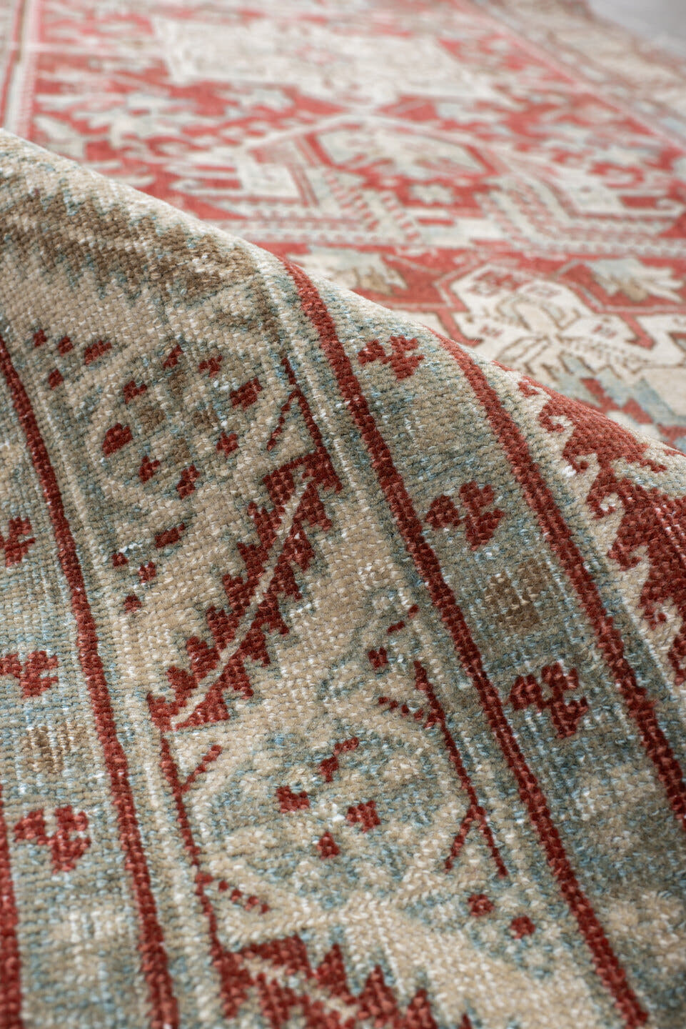 0' x 0' one-of-a-kind handmade vintage Heriz small size rug. Color palette: rust, ivory, pale blue, brick, cream, taupe
