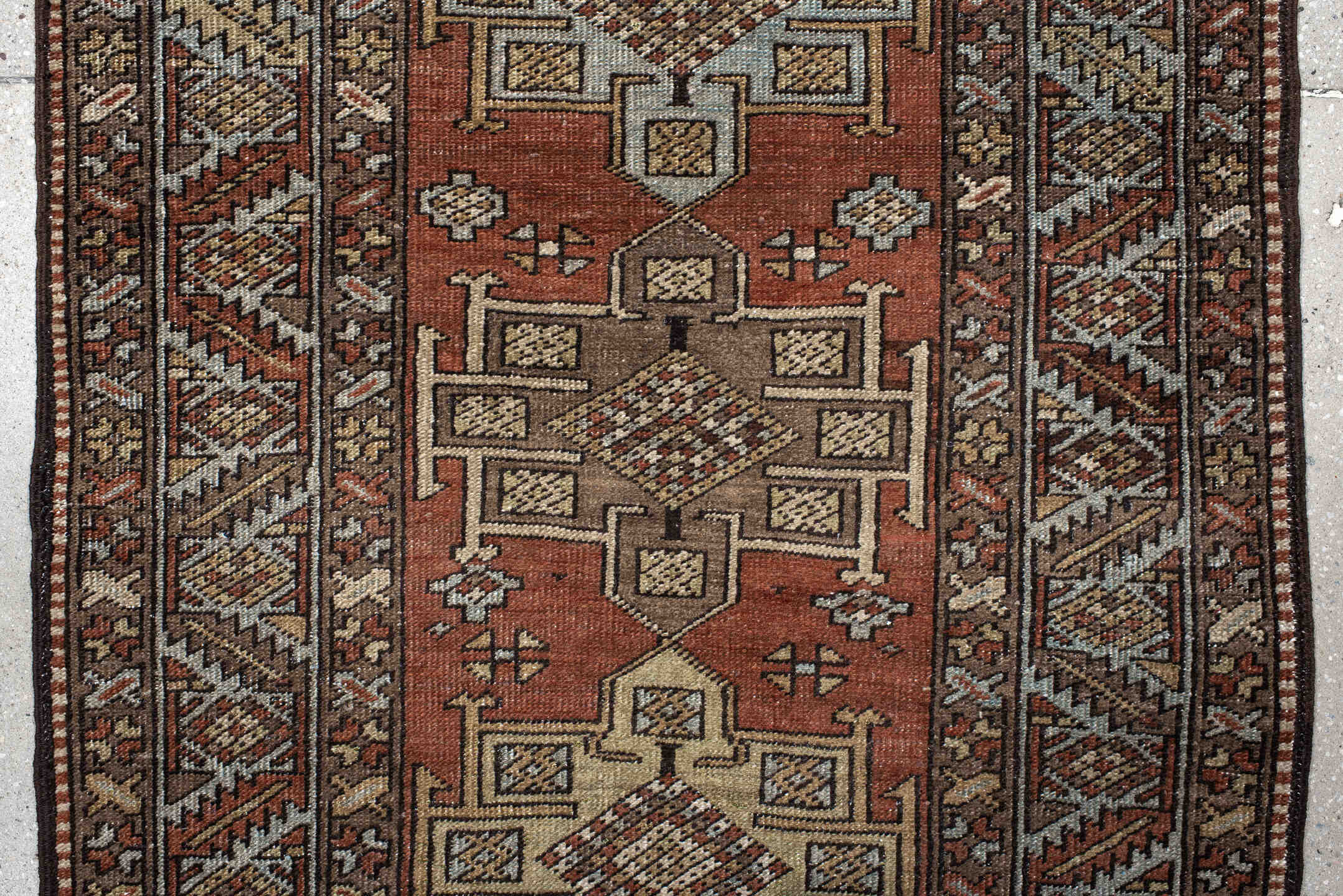 3' x 12' one-of-a-kind handmade vintage Heriz runner rug. Color palette: brown, off-white, orange, gray, light gray