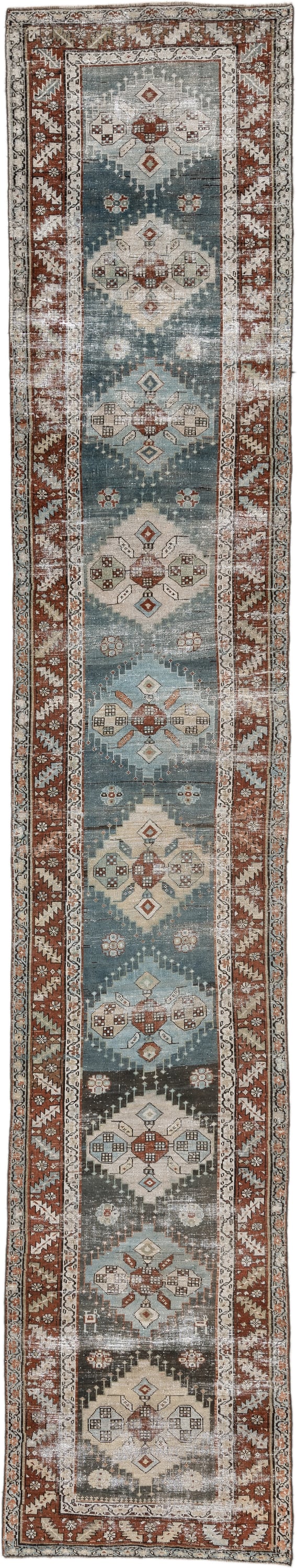 3' x 17' one-of-a-kind handmade antique NW Persian runner rug. Color palette: ivory, sky blue, rust, slate, taupe, charcoal
