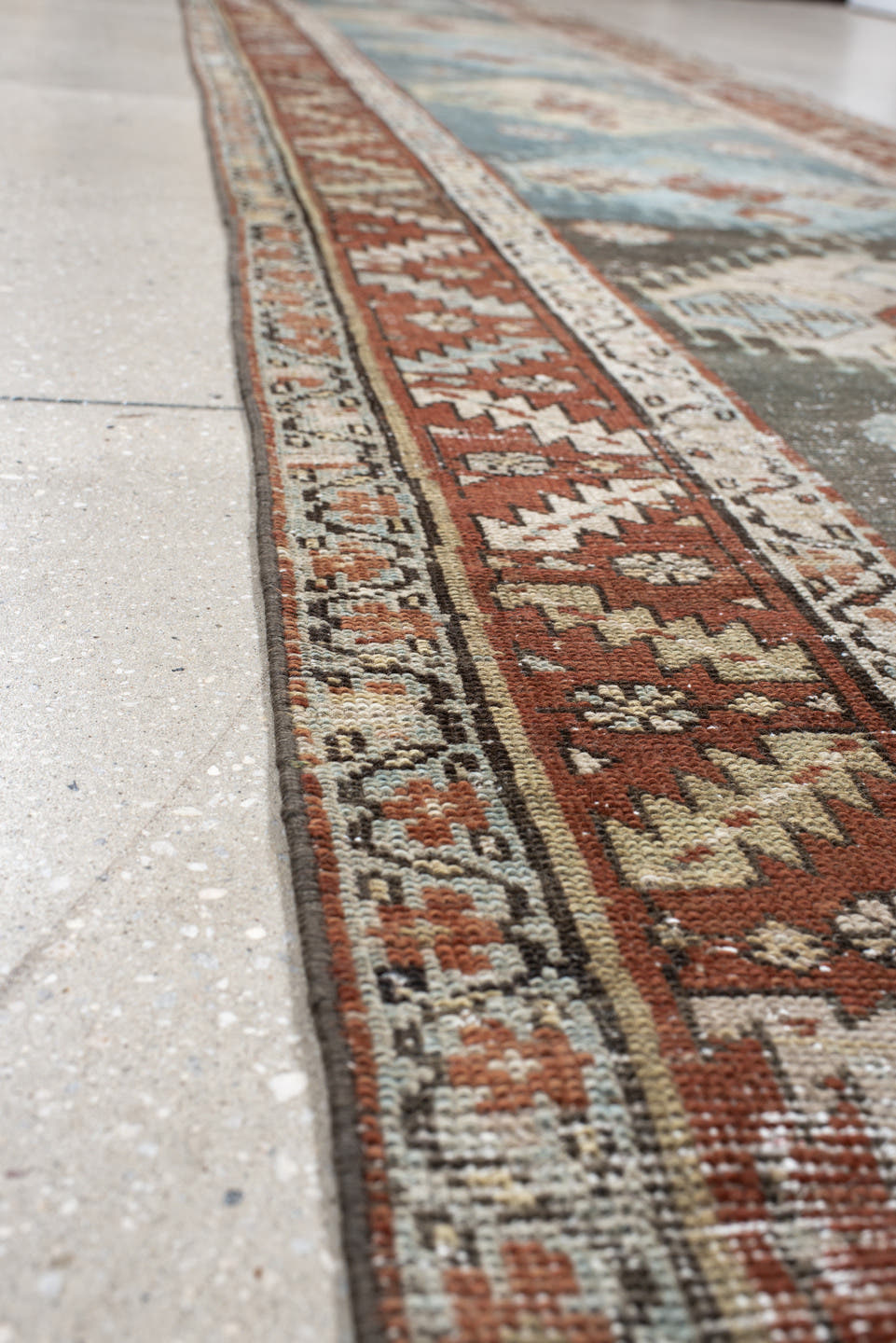 3' x 17' one-of-a-kind handmade antique NW Persian runner rug. Color palette: ivory, sky blue, rust, slate, taupe, charcoal