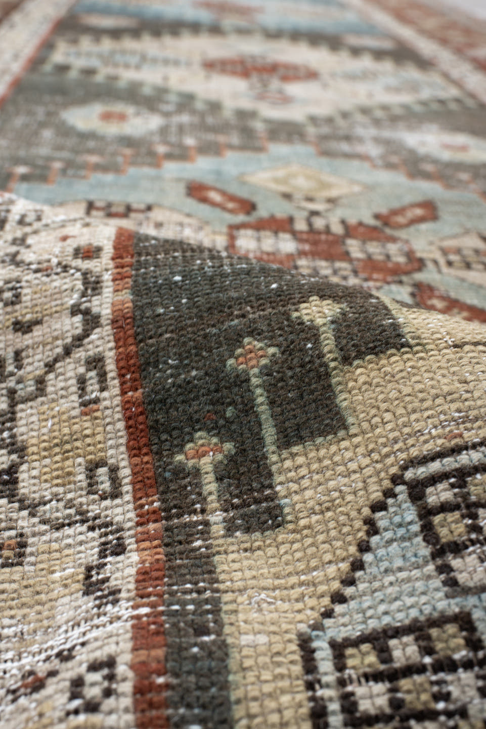 3' x 17' one-of-a-kind handmade antique NW Persian runner rug. Color palette: ivory, sky blue, rust, slate, taupe, charcoal