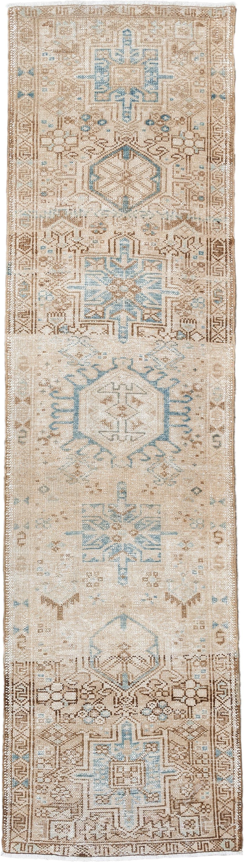 2' x 7' one-of-a-kind handmade antique Karaje runner rug. Color palette: ivory, camel, sky_blue, taupe, beige, light_brown
