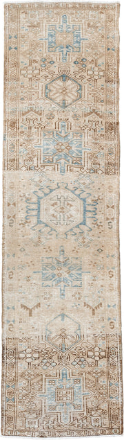 2' x 7' one-of-a-kind handmade antique Karaje runner rug. Color palette: ivory, camel, sky_blue, taupe, beige, light_brown