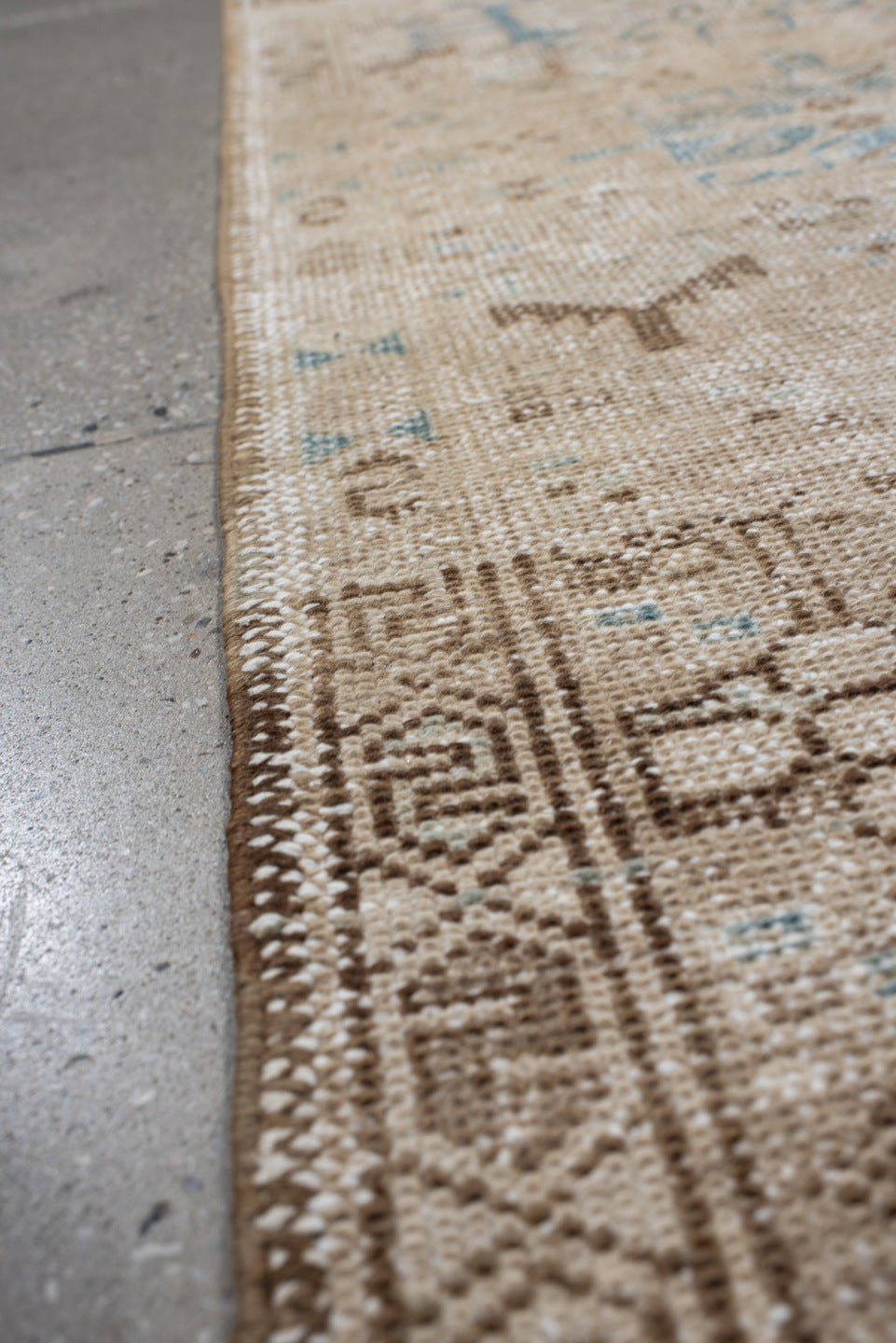 2' x 7' one-of-a-kind handmade antique Karaje runner rug. Color palette: ivory, camel, sky_blue, taupe, beige, light_brown