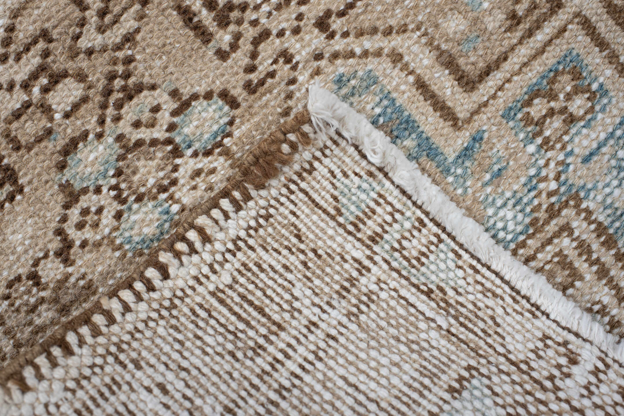 2' x 7' one-of-a-kind handmade antique Karaje runner rug. Color palette: ivory, camel, sky_blue, taupe, beige, light_brown