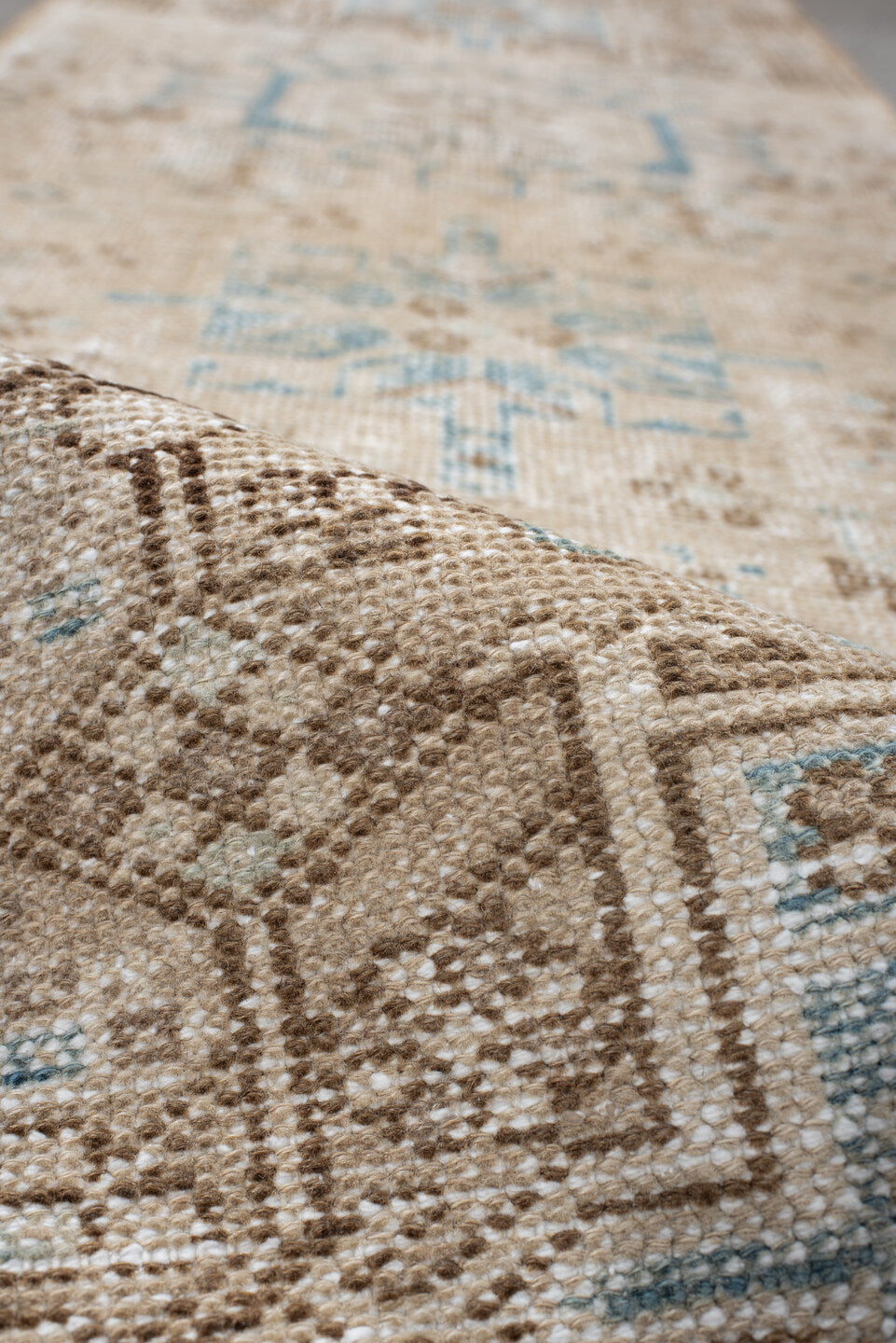 2' x 7' one-of-a-kind handmade antique Karaje runner rug. Color palette: ivory, camel, sky_blue, taupe, beige, light_brown