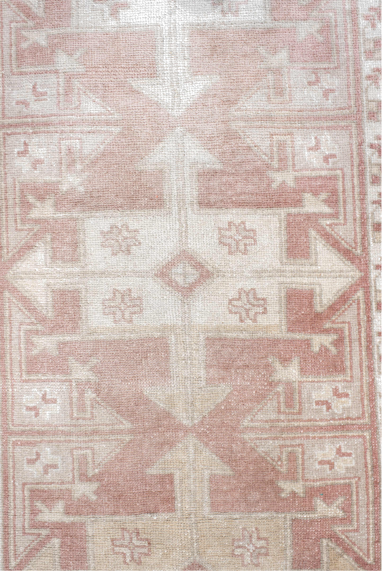 3' x 6' one-of-a-kind handmade vintage  runner rug. Color palette: gainsboro, gray, light gray, off-white, pink, rosy brown