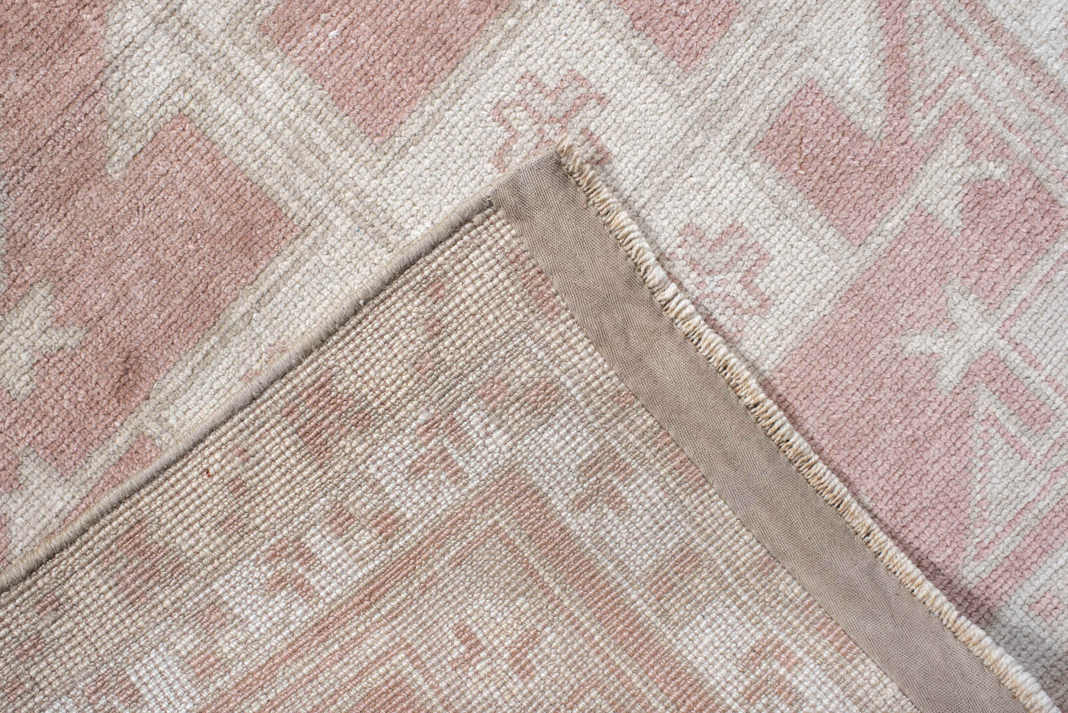 3' x 6' one-of-a-kind handmade vintage  runner rug. Color palette: gainsboro, gray, light gray, off-white, pink, rosy brown
