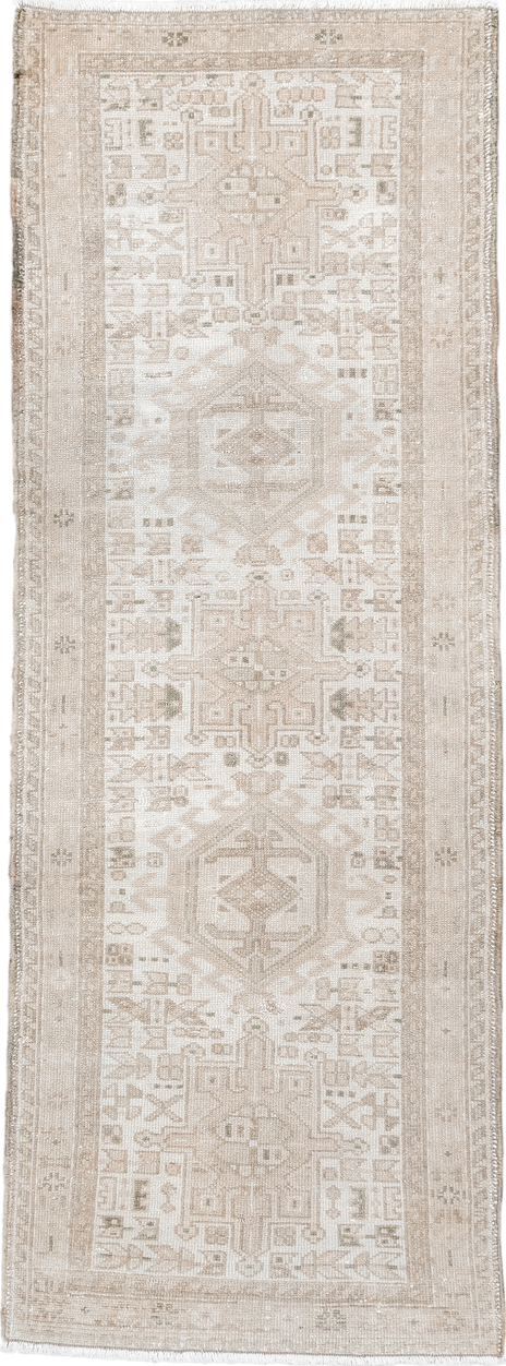 2' x 6' one-of-a-kind handmade vintage Karaje runner rug. Color palette: ivory, beige, taupe, sand, camel, gray