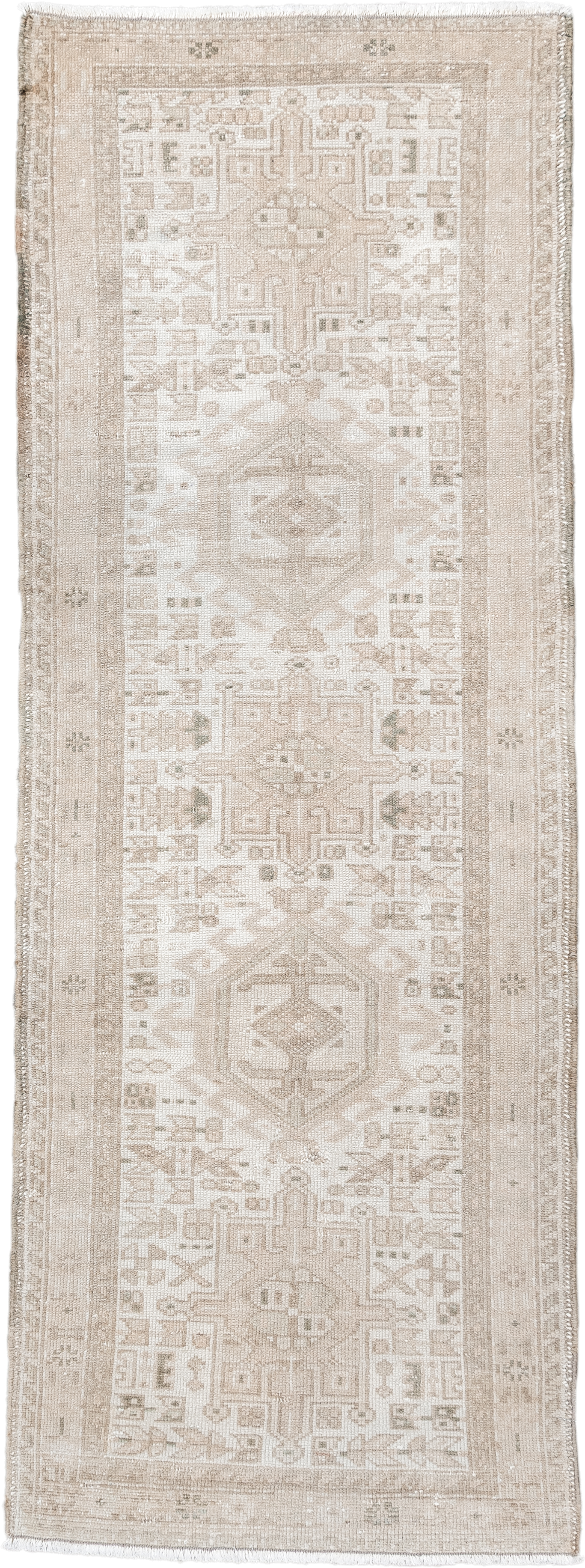 2' x 6' one-of-a-kind handmade vintage Karaje runner rug. Color palette: ivory, beige, taupe, sand, camel, gray