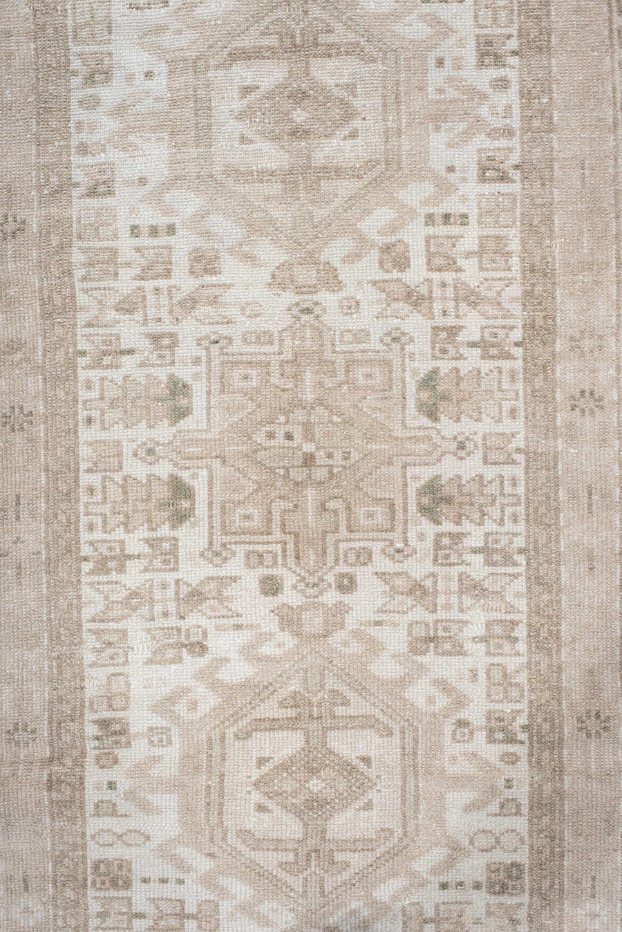 2' x 6' one-of-a-kind handmade vintage Karaje runner rug. Color palette: ivory, beige, taupe, sand, camel, gray