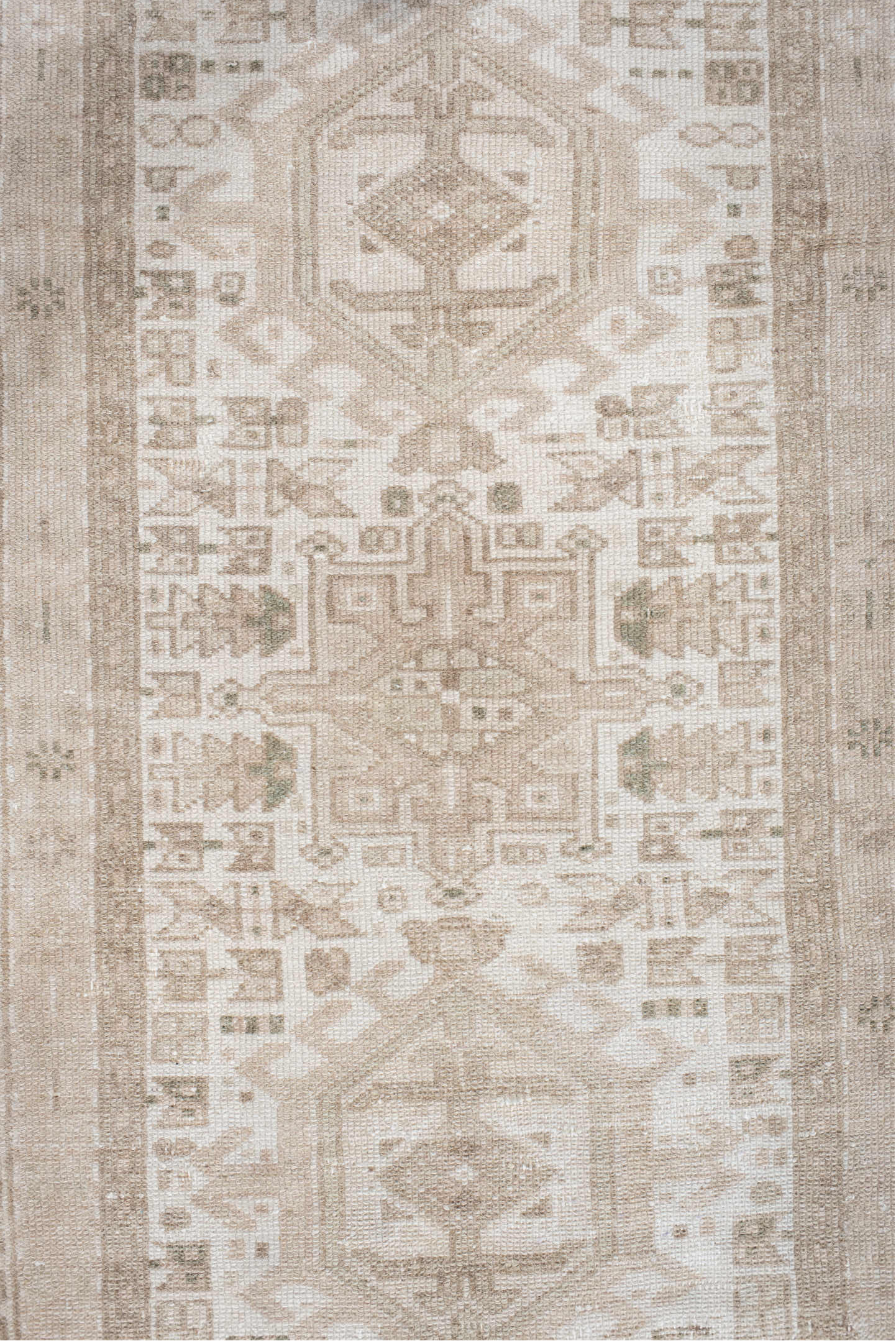 2' x 6' one-of-a-kind handmade vintage Karaje runner rug. Color palette: ivory, beige, taupe, sand, camel, gray
