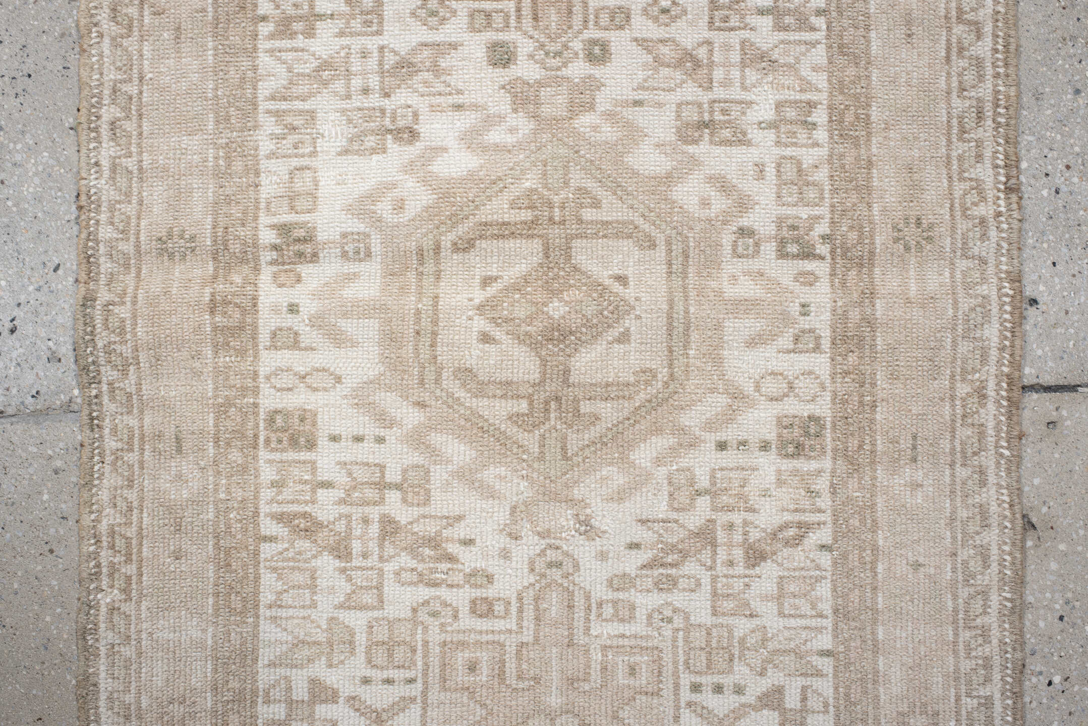 2' x 6' one-of-a-kind handmade vintage Karaje runner rug. Color palette: ivory, beige, taupe, sand, camel, gray