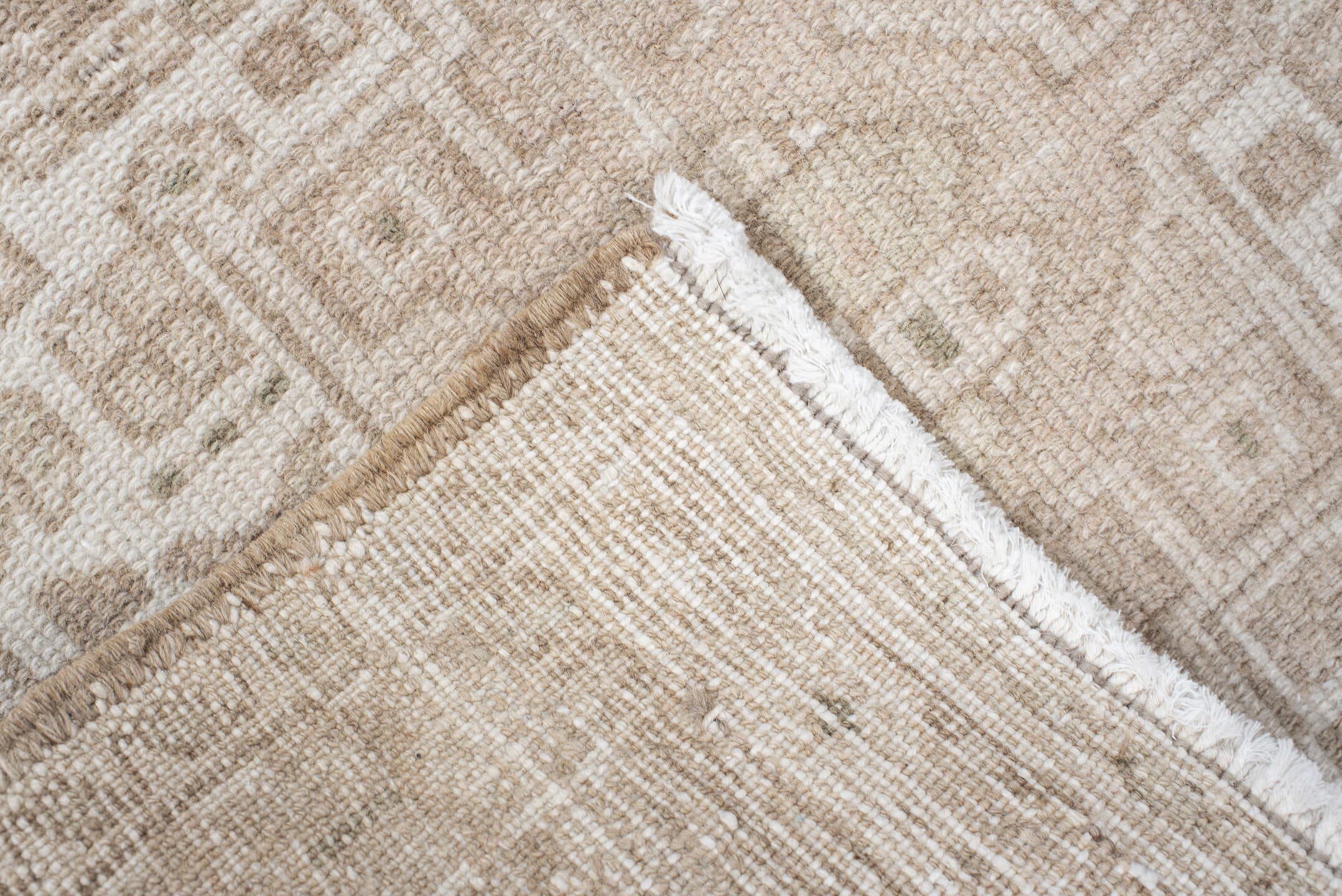 2' x 6' one-of-a-kind handmade vintage Karaje runner rug. Color palette: ivory, beige, taupe, sand, camel, gray