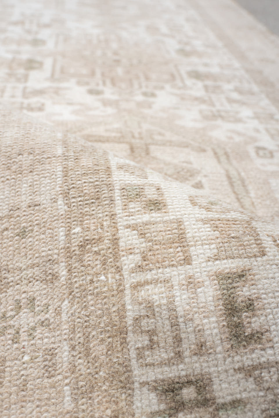 2' x 6' one-of-a-kind handmade vintage Karaje runner rug. Color palette: ivory, beige, taupe, sand, camel, gray