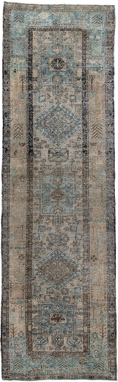 3' x 10' one-of-a-kind handmade antique Karaje runner rug. Color palette: taupe, sky blue, ivory, charcoal, slate, brown