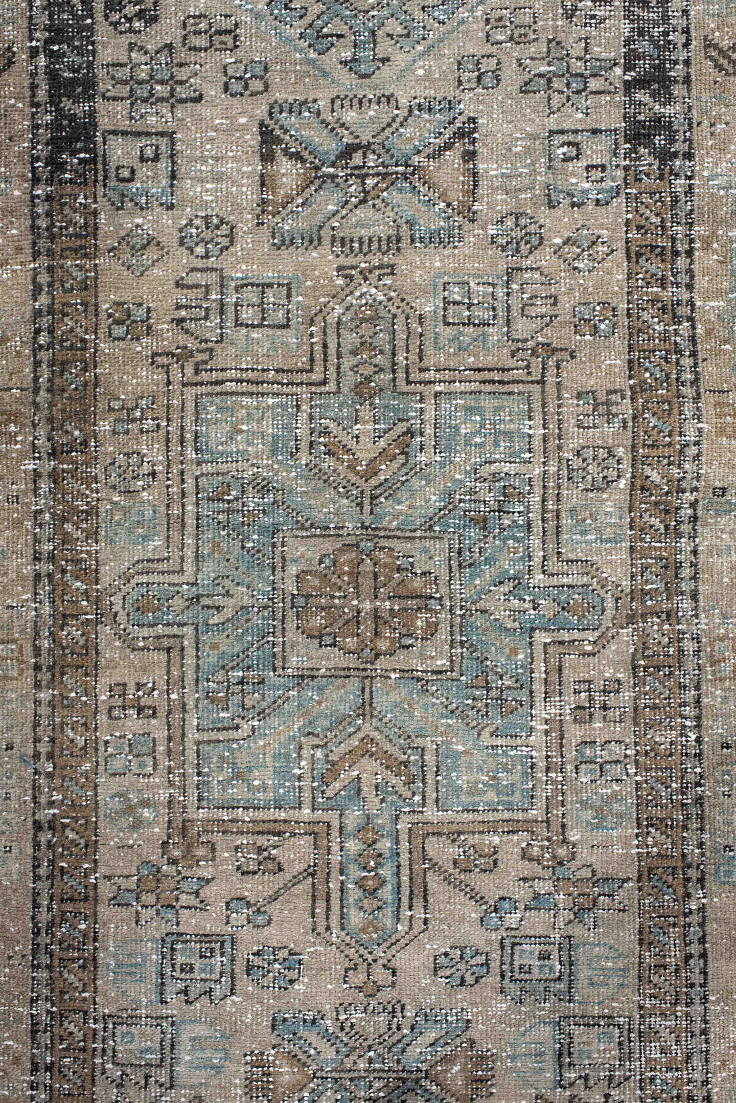 3' x 10' one-of-a-kind handmade antique Karaje runner rug. Color palette: taupe, sky blue, ivory, charcoal, slate, brown