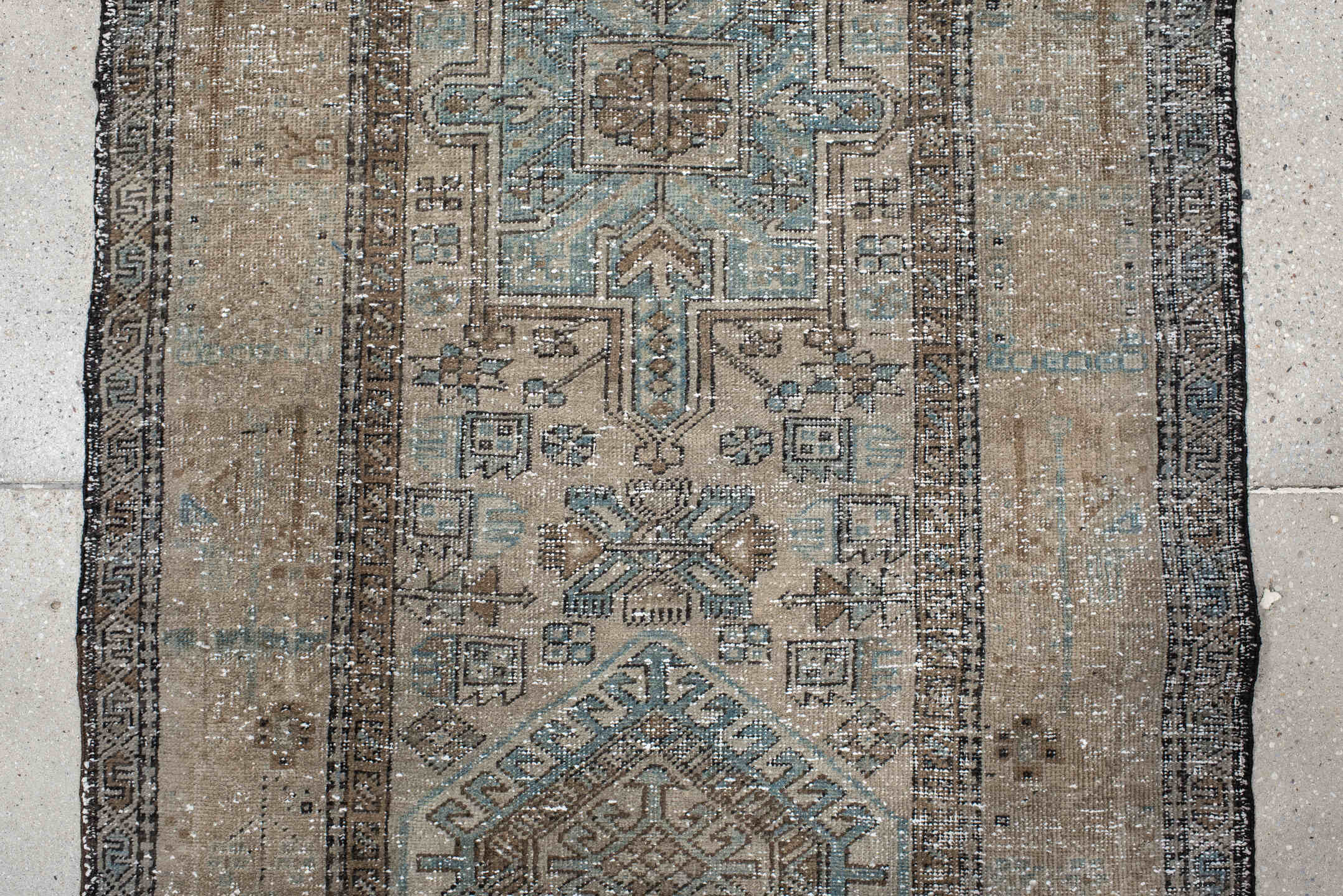 3' x 10' one-of-a-kind handmade antique Karaje runner rug. Color palette: taupe, sky blue, ivory, charcoal, slate, brown