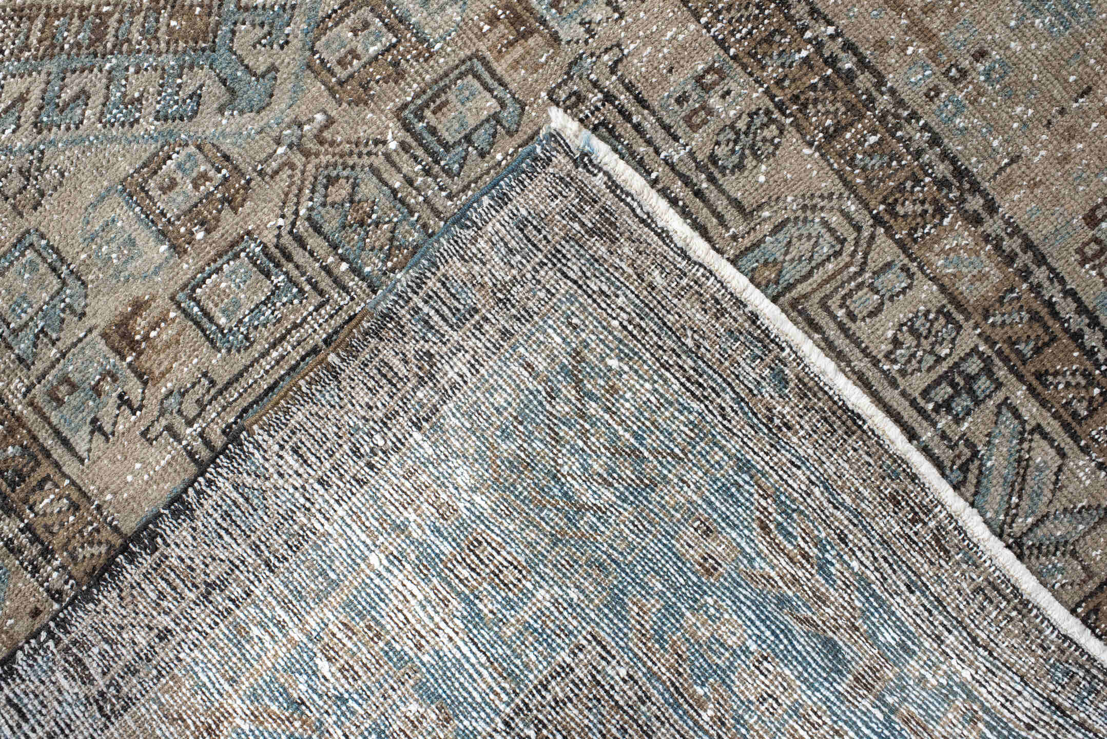 3' x 10' one-of-a-kind handmade antique Karaje runner rug. Color palette: taupe, sky blue, ivory, charcoal, slate, brown