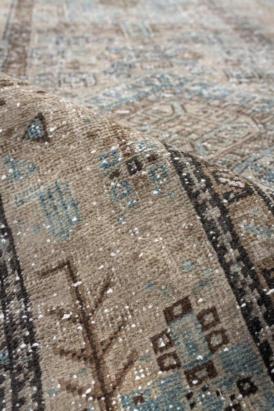 3' x 10' one-of-a-kind handmade antique Karaje runner rug. Color palette: taupe, sky blue, ivory, charcoal, slate, brown