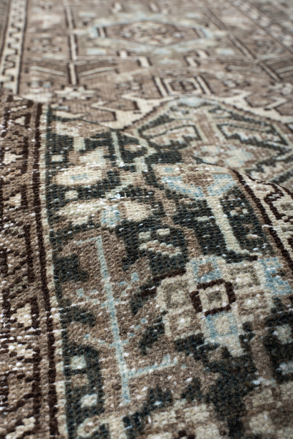 2' x 10' one-of-a-kind handmade vintage Karaje runner rug. Color palette: taupe, charcoal, ivory, pale blue, rust, brown