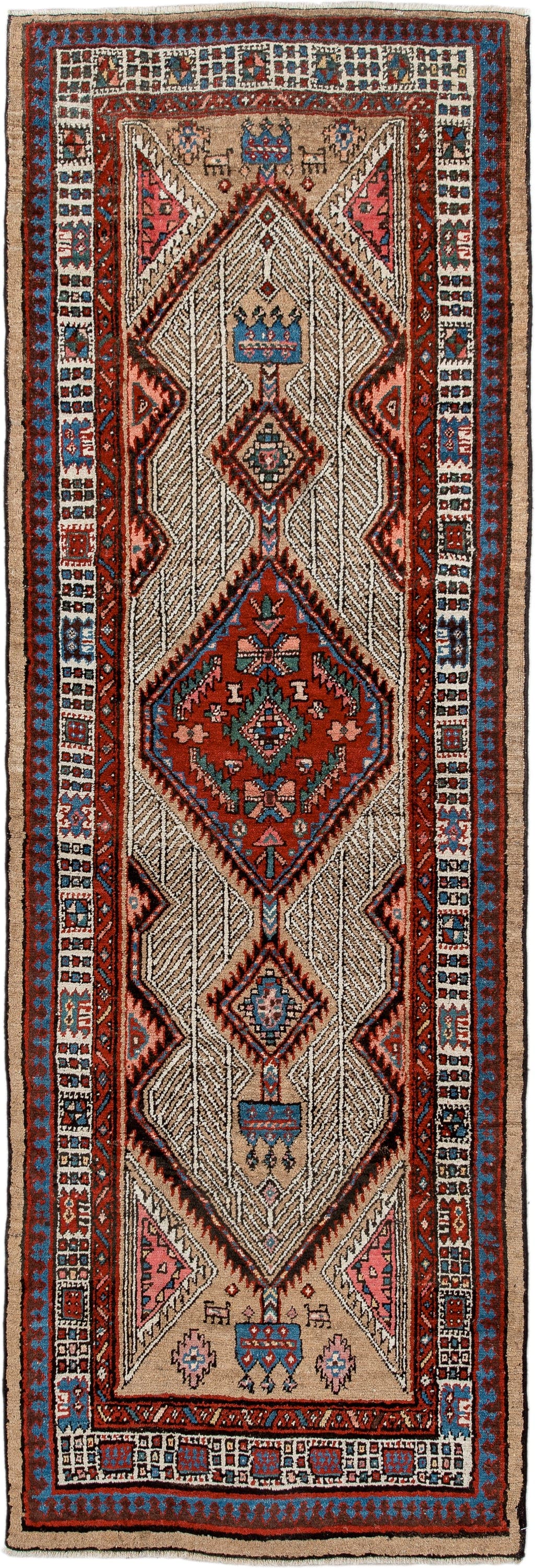 2' x 8' one-of-a-kind handmade antique Sarab runner rug. Color palette: ivory, rust, indigo, camel, rose, charcoal, sky_blue