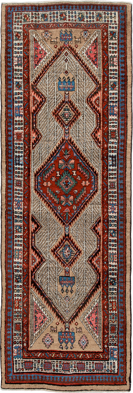 2' x 8' one-of-a-kind handmade antique Sarab runner rug. Color palette: ivory, rust, indigo, camel, rose, charcoal, sky_blue