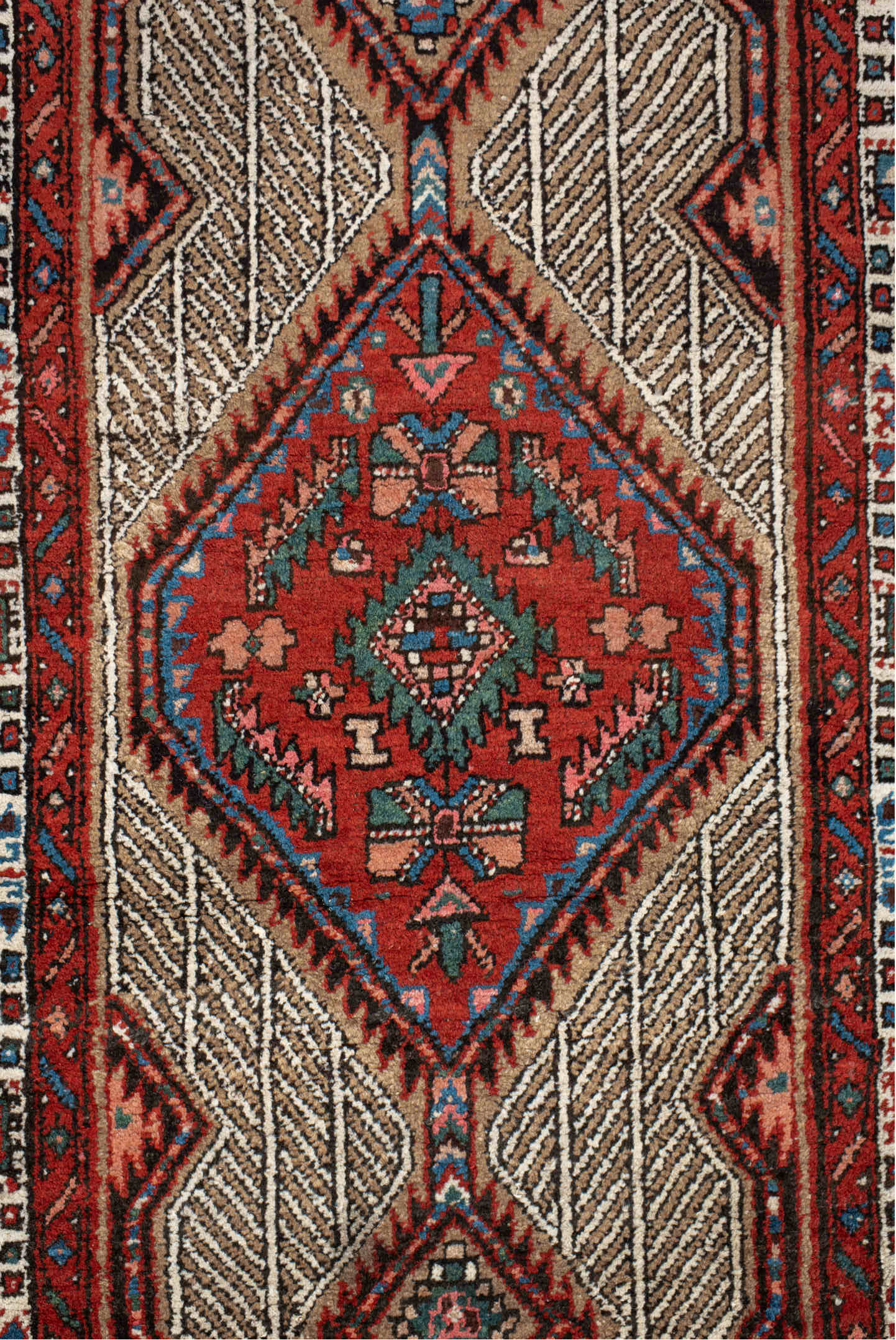 2' x 8' one-of-a-kind handmade antique Sarab runner rug. Color palette: ivory, rust, indigo, camel, rose, charcoal, sky_blue