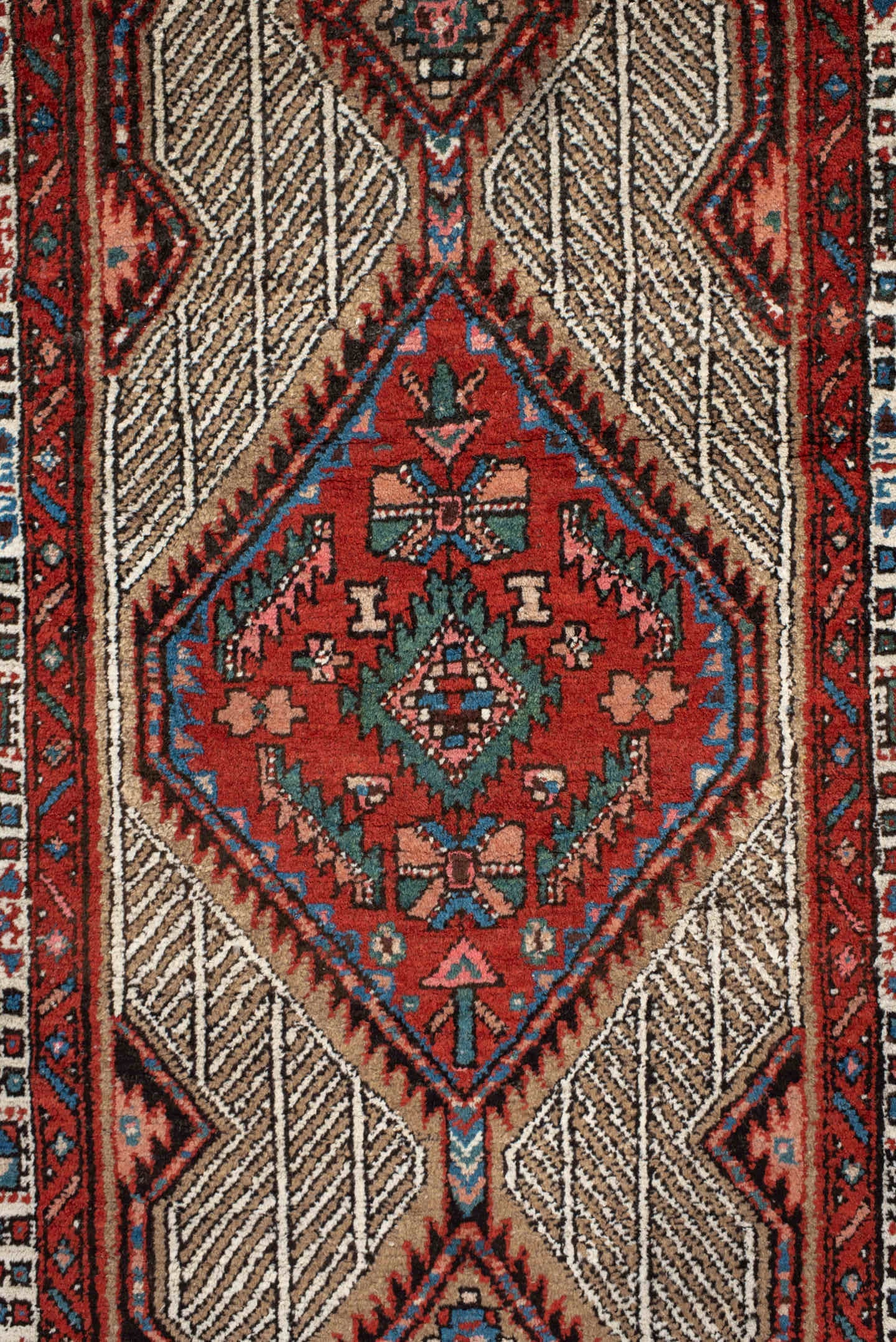2' x 8' one-of-a-kind handmade antique Sarab runner rug. Color palette: ivory, rust, indigo, camel, rose, charcoal, sky_blue
