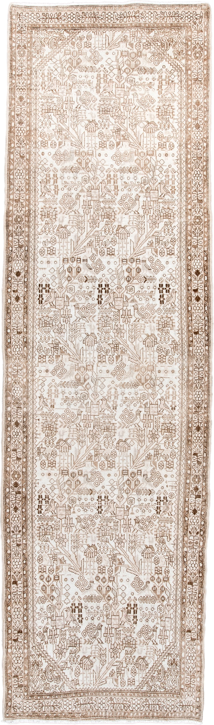2' x 9' one-of-a-kind handmade antique Malayer runner rug. Color palette: ivory, camel, taupe, beige, sand, brown, gray