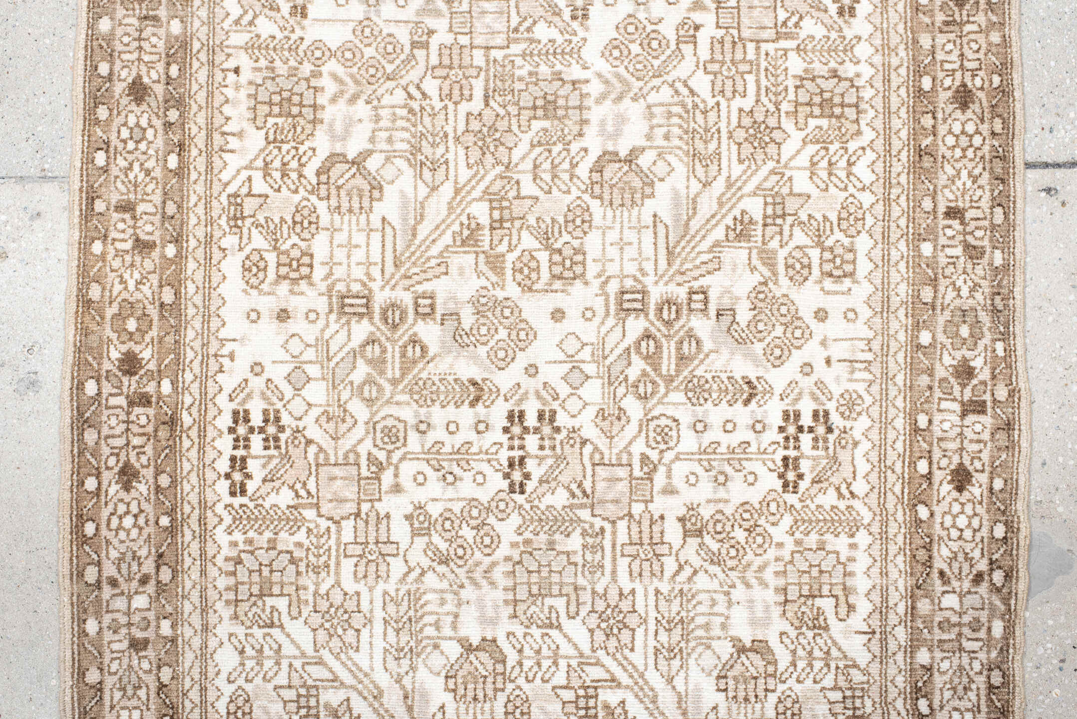 2' x 9' one-of-a-kind handmade antique Malayer runner rug. Color palette: ivory, camel, taupe, beige, sand, brown, gray