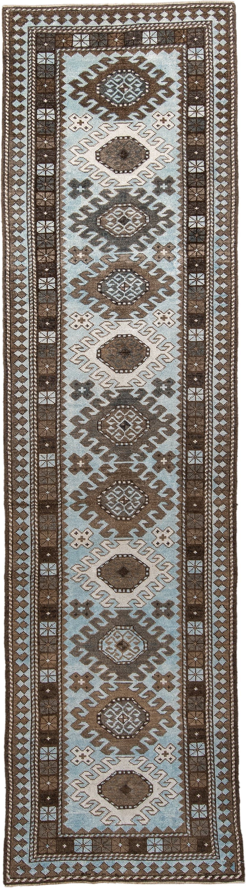 2' x 9' one-of-a-kind handmade vintage Anatolian runner rug. Color palette: brown, ivory, light blue, taupe, charcoal, beige