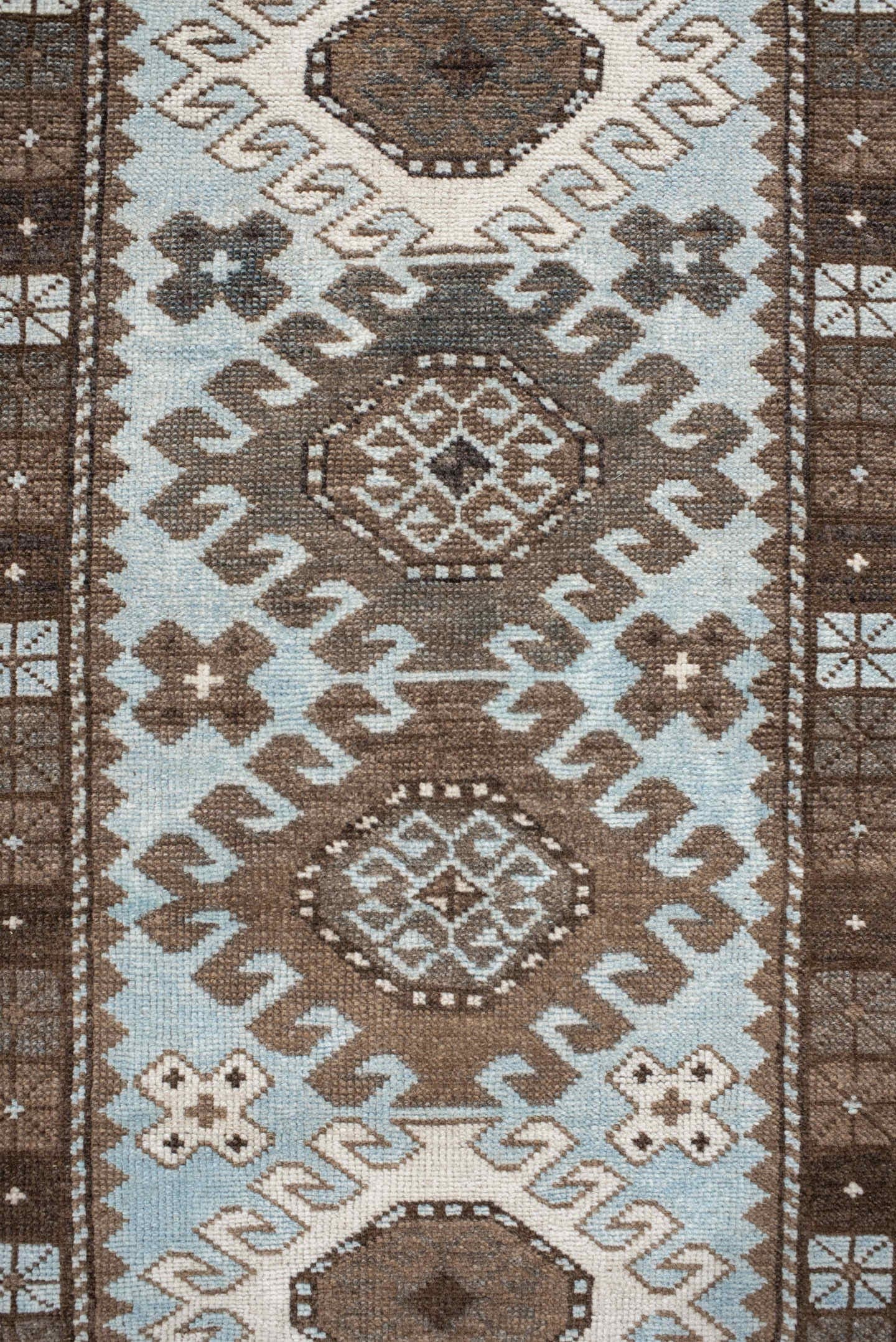 2' x 9' one-of-a-kind handmade vintage Anatolian runner rug. Color palette: brown, ivory, light blue, taupe, charcoal, beige