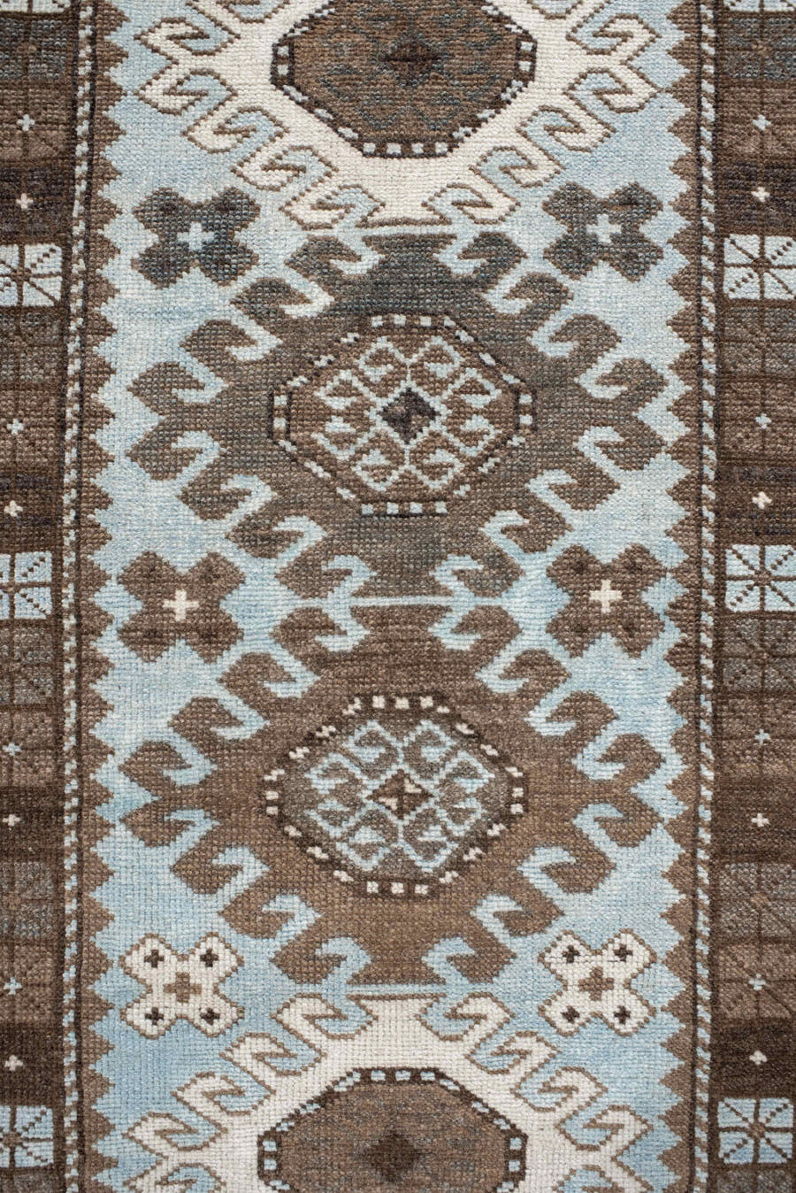 2' x 9' one-of-a-kind handmade vintage Anatolian runner rug. Color palette: brown, ivory, light blue, taupe, charcoal, beige