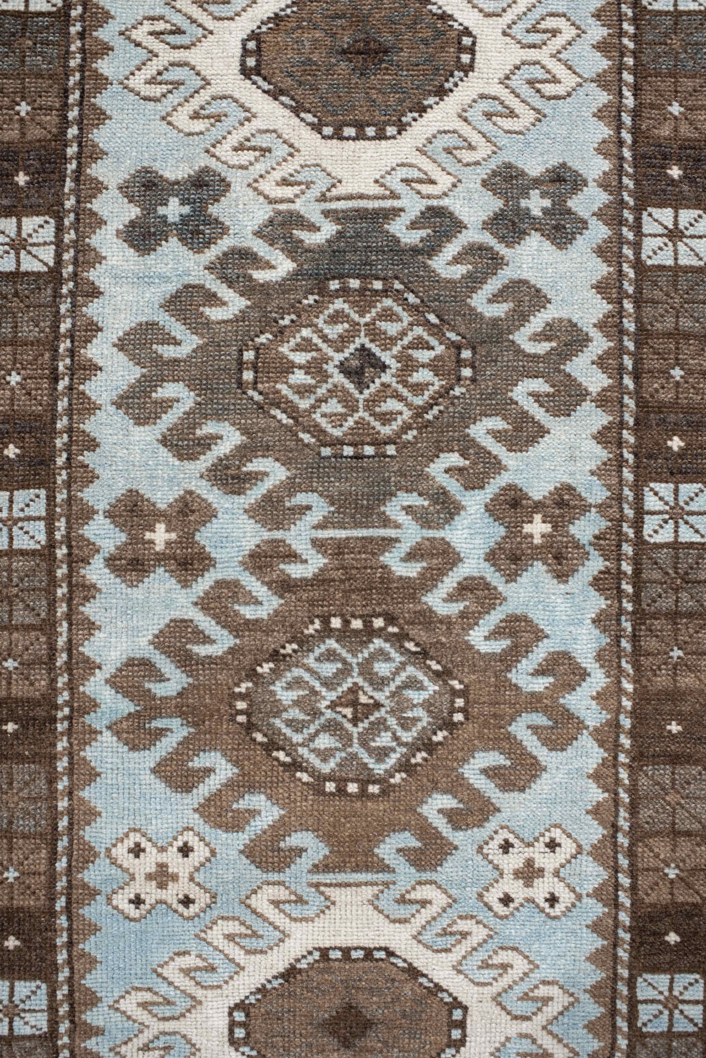 2' x 9' one-of-a-kind handmade vintage Anatolian runner rug. Color palette: brown, ivory, light blue, taupe, charcoal, beige