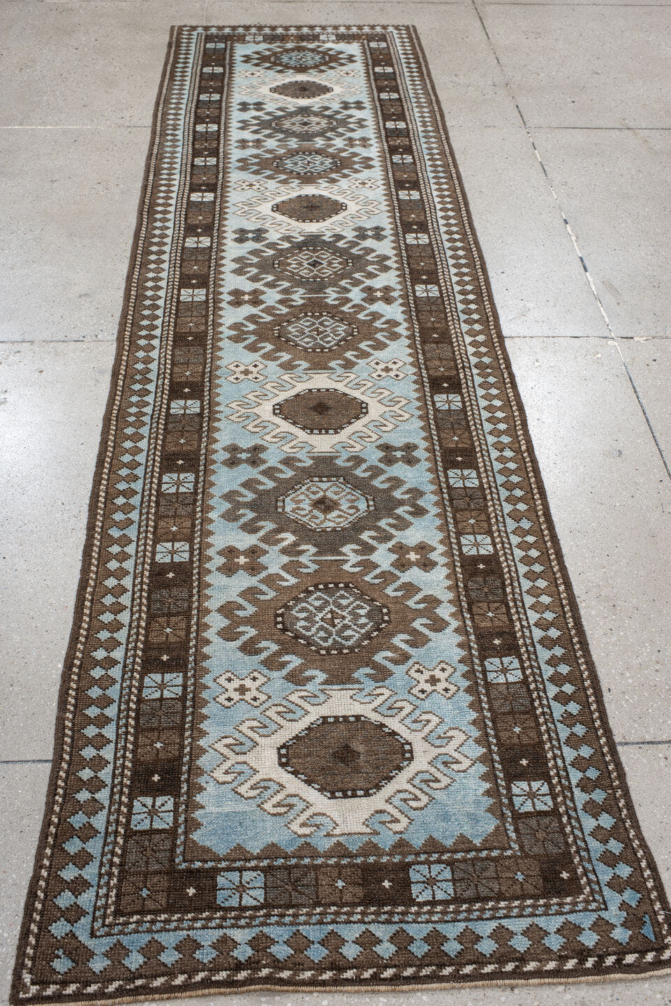 2' x 9' one-of-a-kind handmade vintage Anatolian runner rug. Color palette: brown, ivory, light blue, taupe, charcoal, beige
