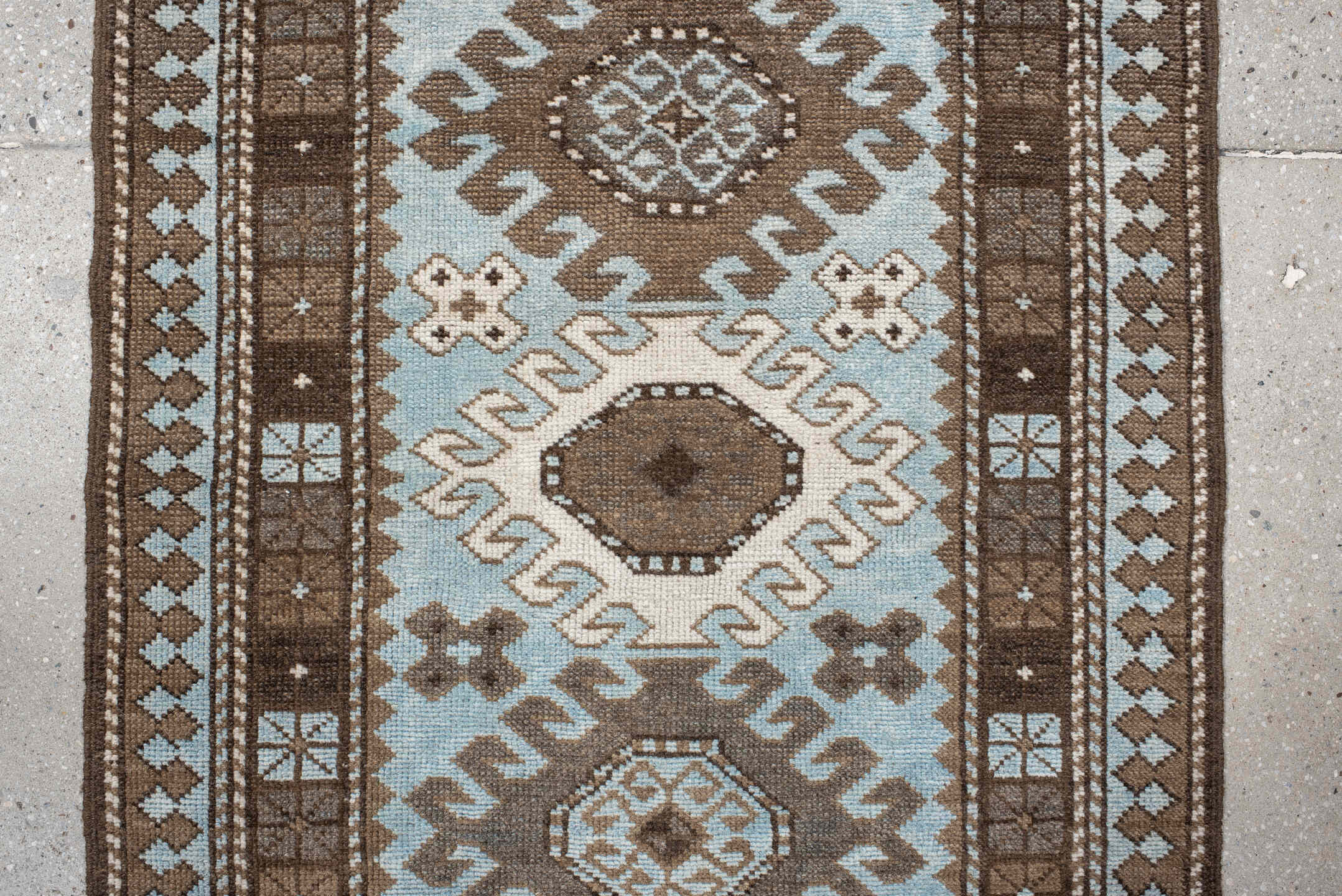 2' x 9' one-of-a-kind handmade vintage Anatolian runner rug. Color palette: brown, ivory, light blue, taupe, charcoal, beige
