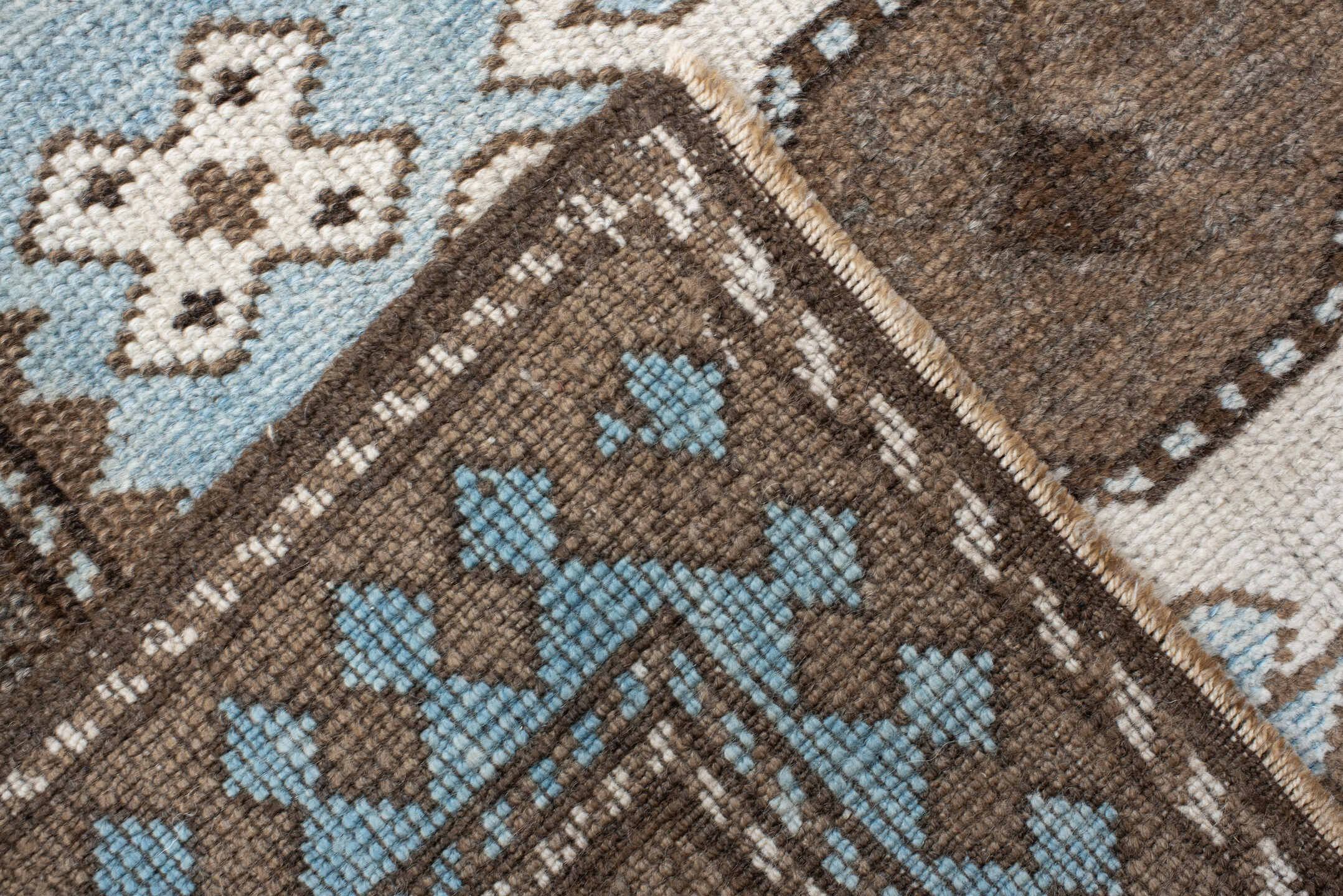 2' x 9' one-of-a-kind handmade vintage Anatolian runner rug. Color palette: brown, ivory, light blue, taupe, charcoal, beige