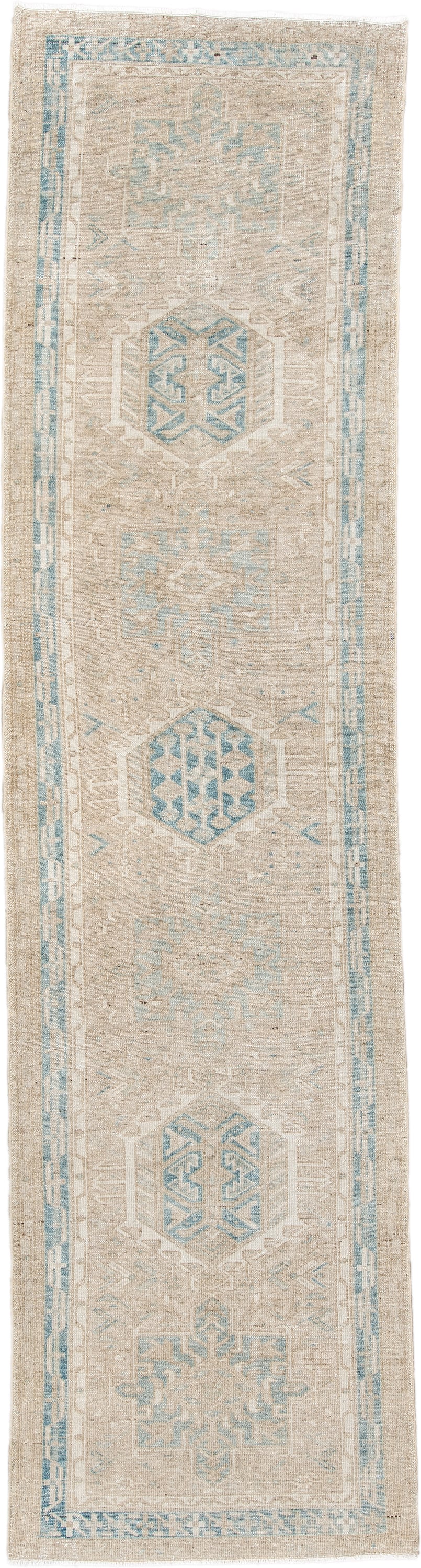 2' x 11' one-of-a-kind handmade antique Karaje runner rug. Color palette: ivory, pale blue, beige, taupe, cream, light blue